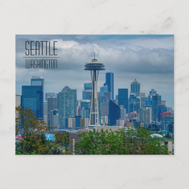 Seattle Skyline with Space Needle being renovated Postcard (Front)