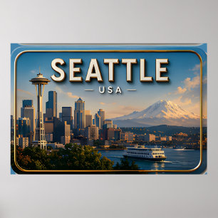 Seattle Space Needle and Mount Rainier Poster