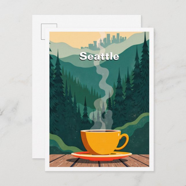 Seattle USA Art Vintage Illustration Travel Postcard (Front/Back)