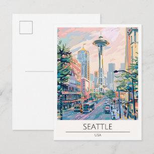 Seattle USA Vintage Art Illustration Travel Postcard