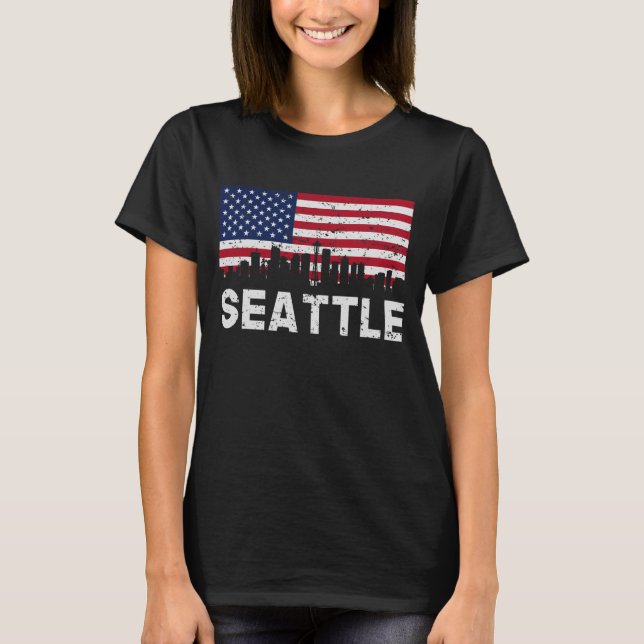 Seattle WA American Flag Skyline Distressed T-Shirt (Front)