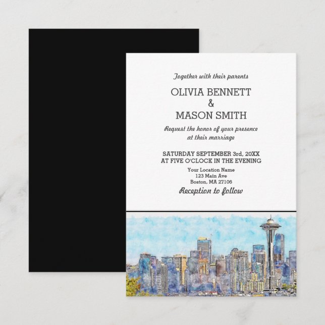 Seattle Wa Skyline Cityscape Wedding Invitation (Front/Back)