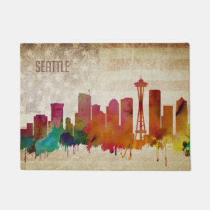 Seattle, WA Watercolor City Skyline Doormat