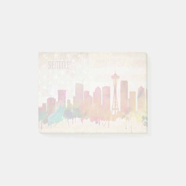 Seattle, WA | Watercolor City Skyline Post-it Notes (Front)