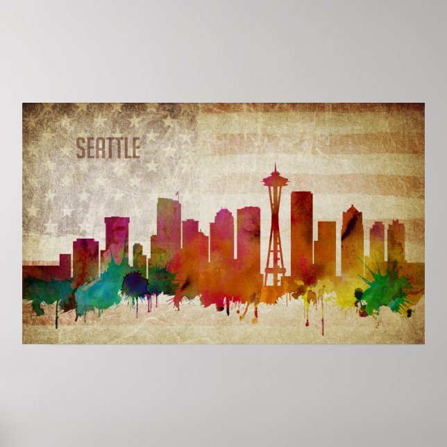 Seattle, WA | Watercolor City Skyline Poster (Front)