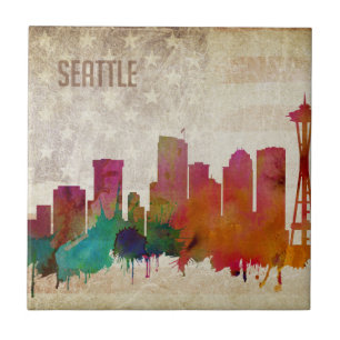 Seattle, WA   Watercolor City Skyline Tile
