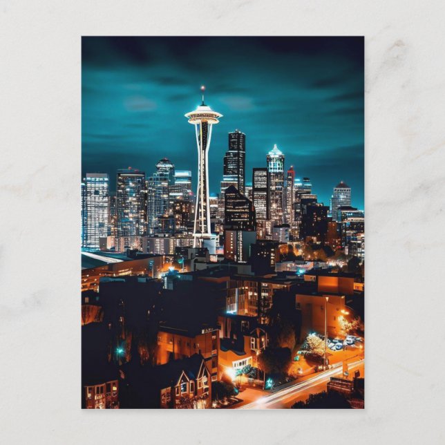 Seattle Washington City Skyline at Night Postcard (Front)