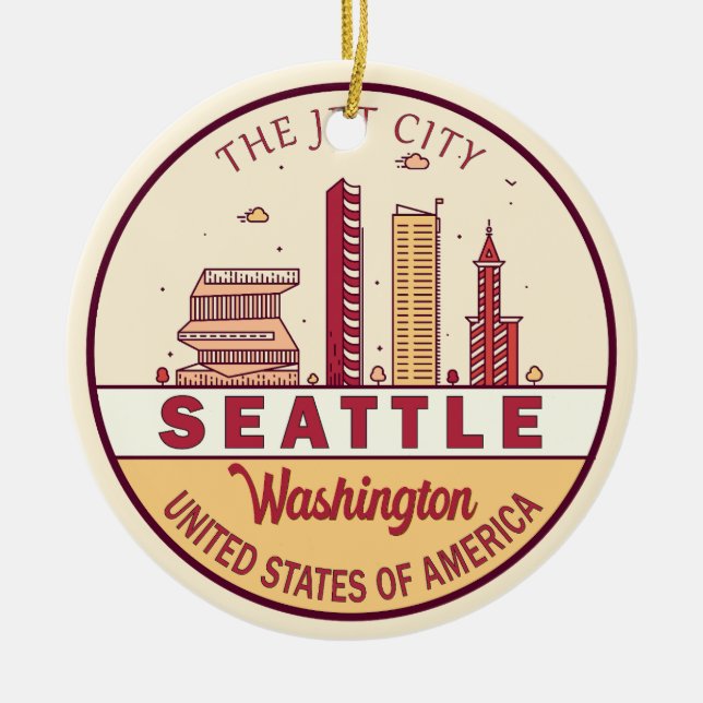 Seattle Washington City Skyline Emblem Ceramic Tree Decoration (Front)