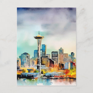 Seattle Washington City Skyline watercolor Postcard