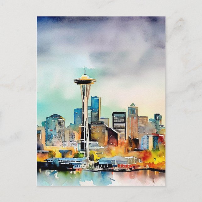 Seattle Washington City Skyline watercolor Postcard (Front)