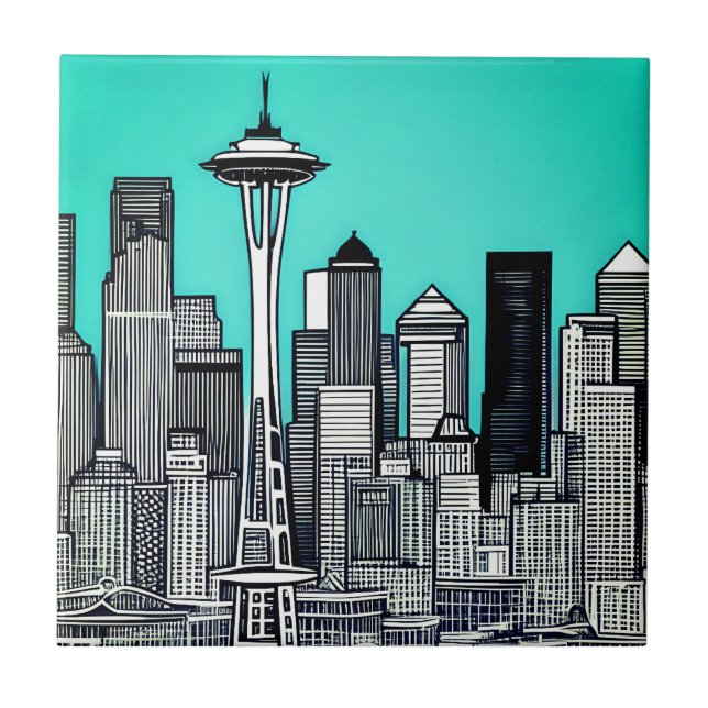 Seattle Washington Cityscape in Black and White   Tile (Front)