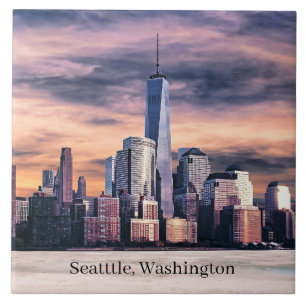 Seattle, Washington Cityscape, Labelled, Tile