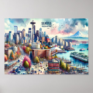 Seattle Washington Famous Travel Places watercolor Poster