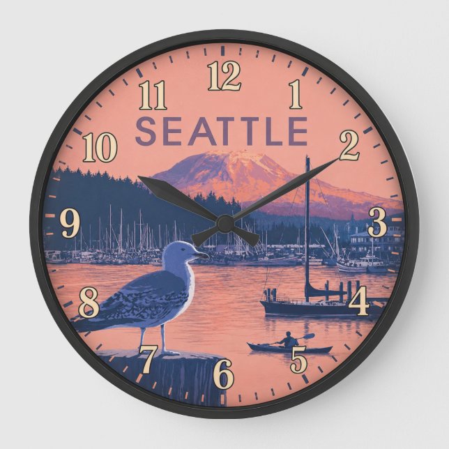 Seattle Washington Harbor Mount Rainier Sunset Large Clock (Front)