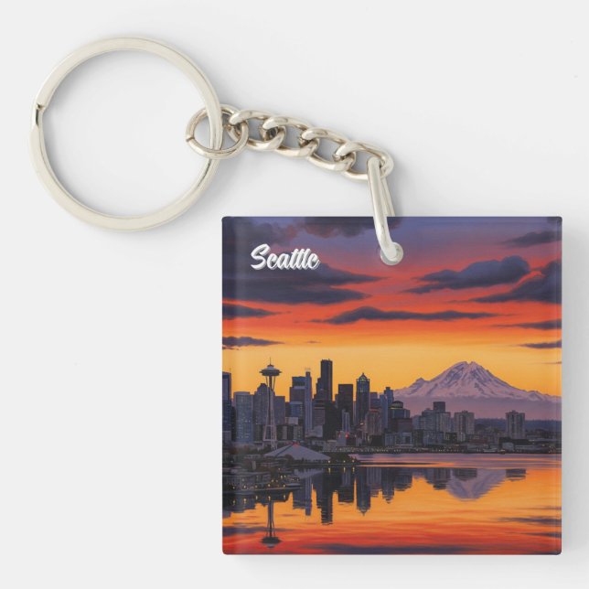 Seattle Washington Mt Rainier Sunset Key Ring (Front)