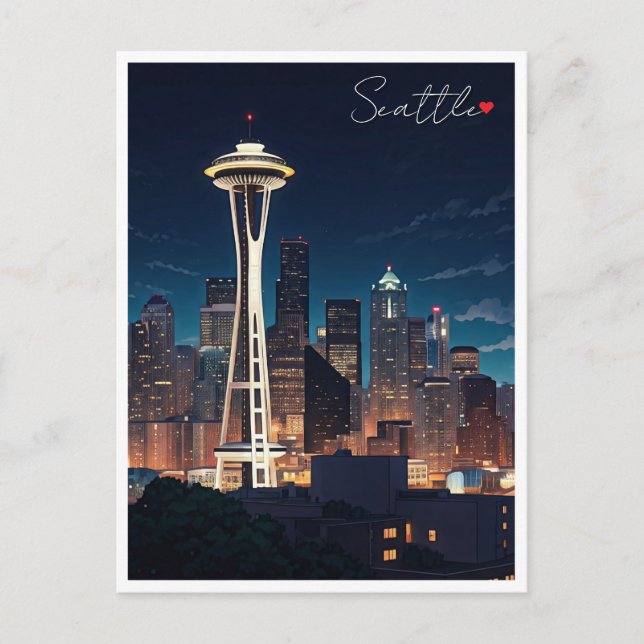 Seattle Washington Night Postcard (Front)