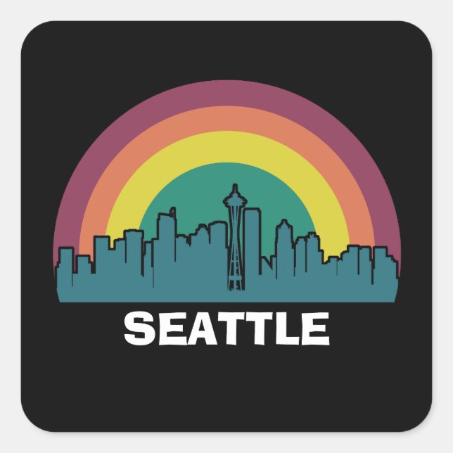 Seattle Washington Retro Sunset Cityscape Square Sticker (Front)