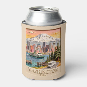 Seattle Washington Road Trip Textured City Skyline Can Cooler