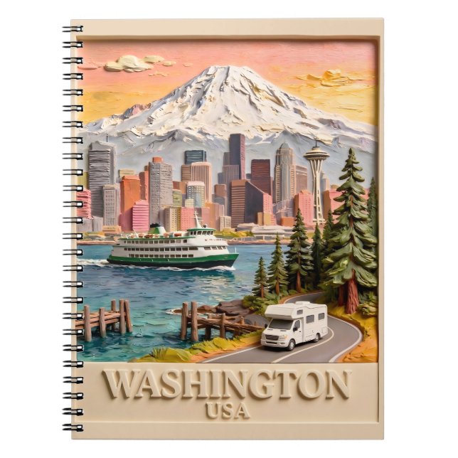 Seattle Washington Road Trip Textured City Skyline Notebook (Front)