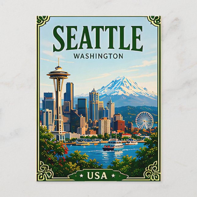 🌲 Seattle Washington Skyline And Space Needle Postcard (Front)