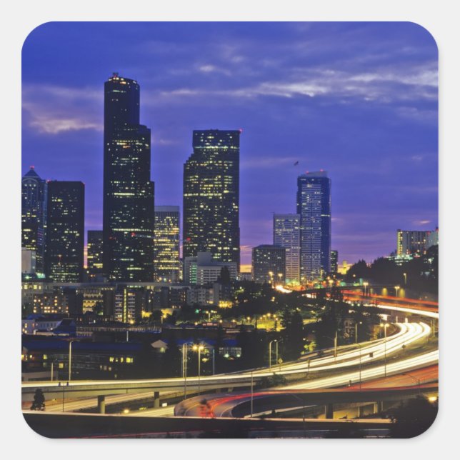 Seattle, Washington skyline at night Square Sticker (Front)