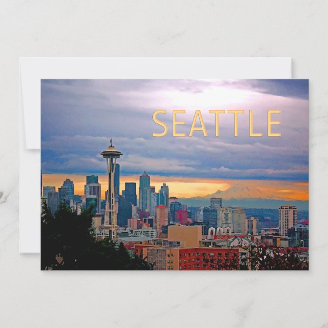 Seattle Washington Skyline at Sunset TEXT SEATTLE Invitation (Front)