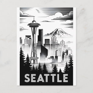 Seattle Washington Skyline Black White Woodcut Holiday Postcard
