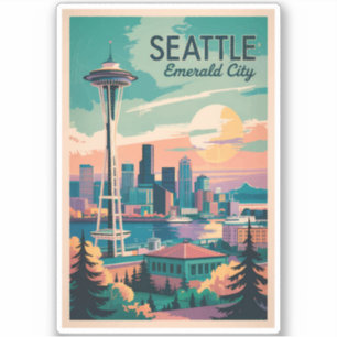 Seattle Washington Skyline Travel Art Vintage