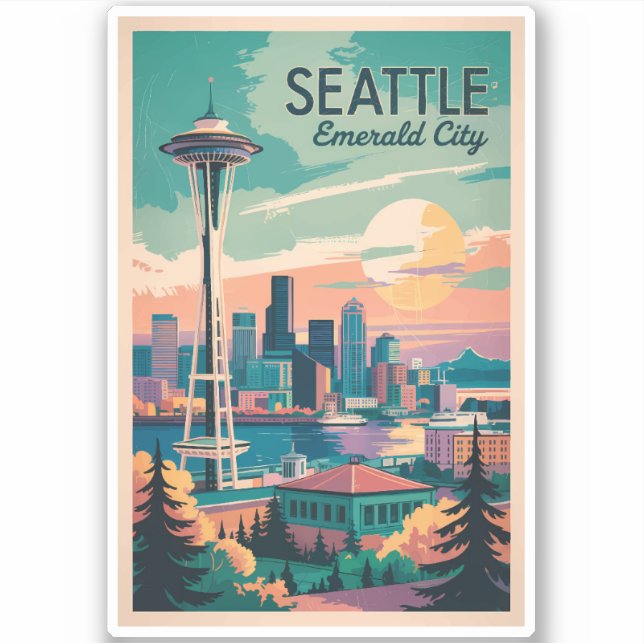 Seattle Washington Skyline Travel Art Vintage (Front)