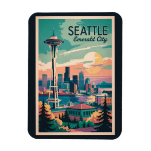 Seattle Washington Skyline Travel Art Vintage Magnet