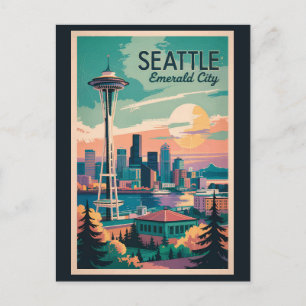 Seattle Washington Skyline Travel Art Vintage Postcard
