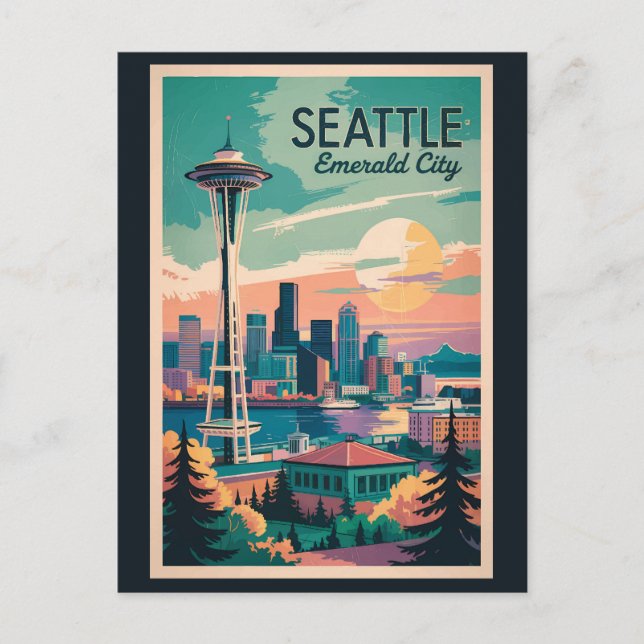 Seattle Washington Skyline Travel Art Vintage Postcard (Front)