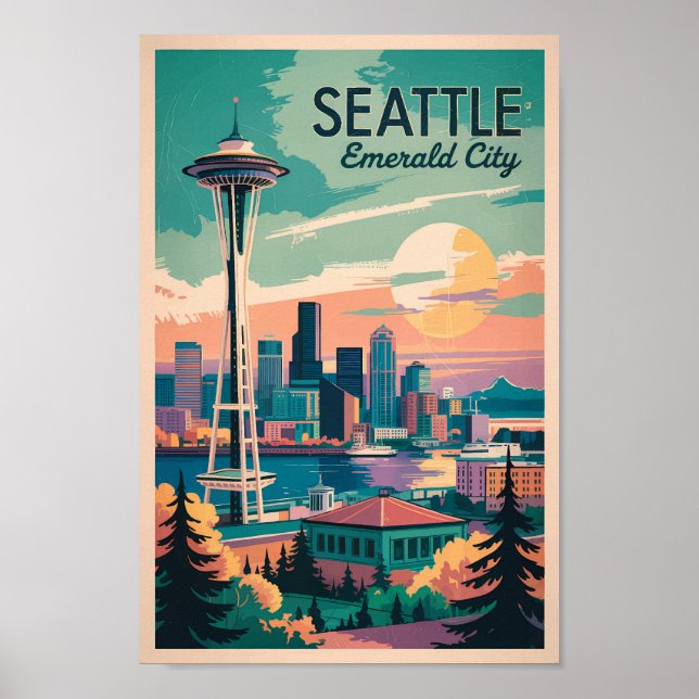 Seattle Washington Skyline Travel Art Vintage Poster (Front)
