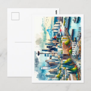 Seattle Washington USA Famous Place watercolor Postcard