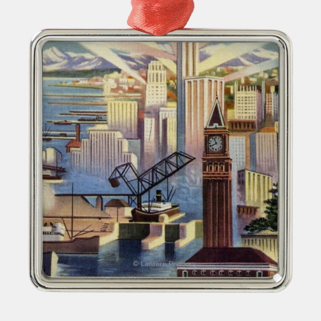 Seattle, Washington - View of Downtown Metal Tree Decoration (Front)
