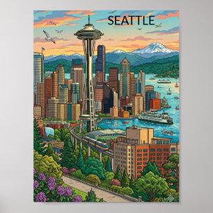 Seattle, Washington Vintage Travel City View Poster
