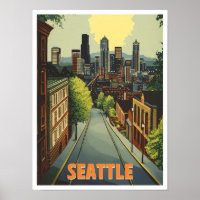 Seattle Washington Vintage Travel Illustration