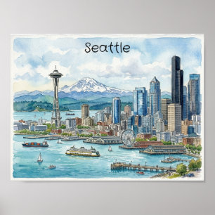 Seattle Washington Watercolor Art Travel Skyline Poster