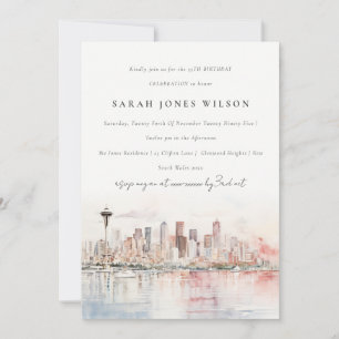 Seattle Washington Watercolor Landscape Birthday Invitation