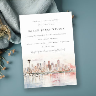 Seattle Washington Watercolor Landscape Birthday Invitation