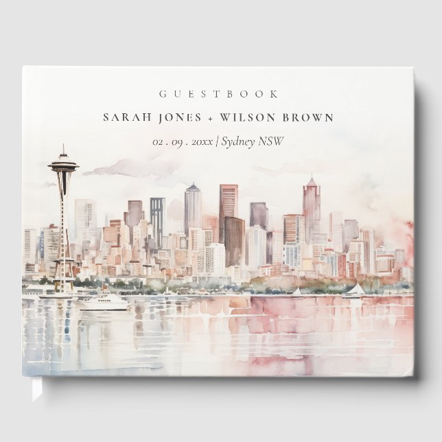 Seattle, Washington Watercolor Landscape Wedding Guest Book (Front)
