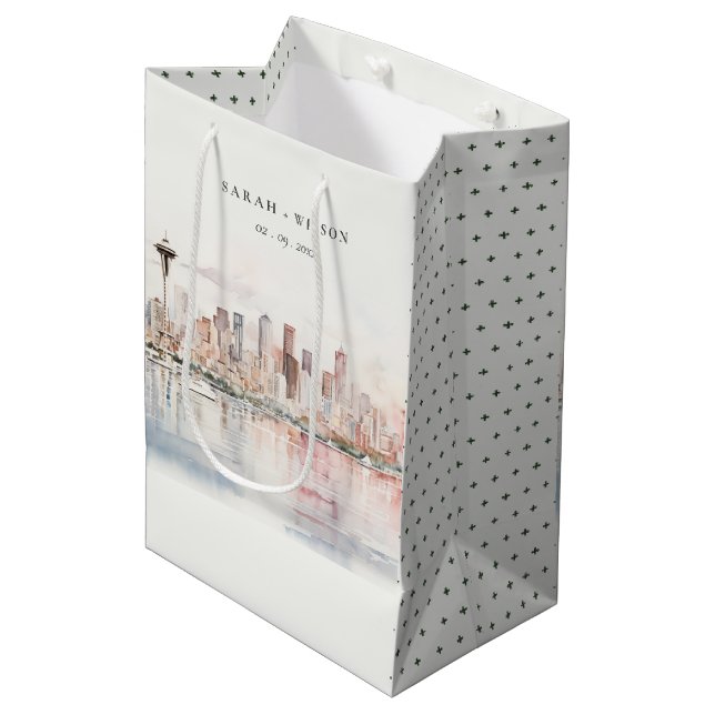 Seattle, Washington Watercolor Landscape Wedding Medium Gift Bag (Front Angled)