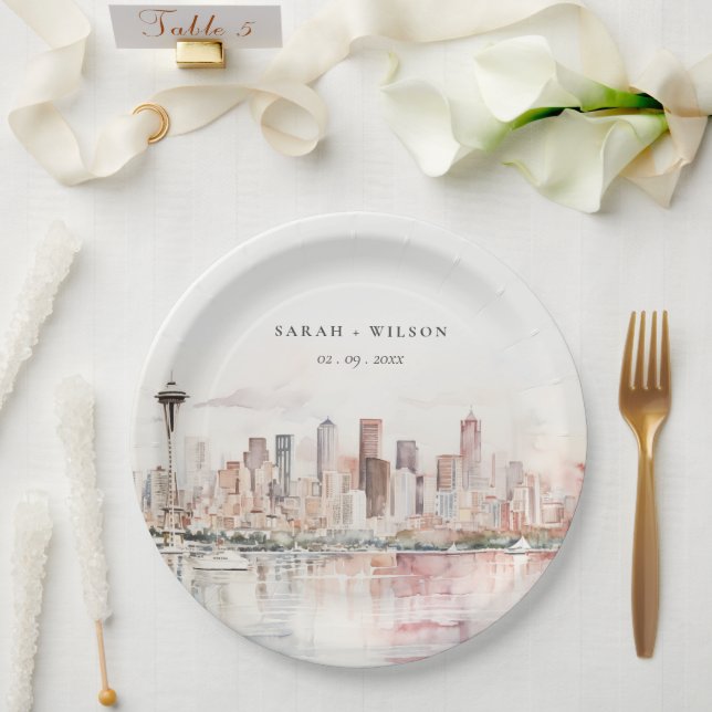 Seattle, Washington Watercolor Landscape Wedding Paper Plate (Wedding)