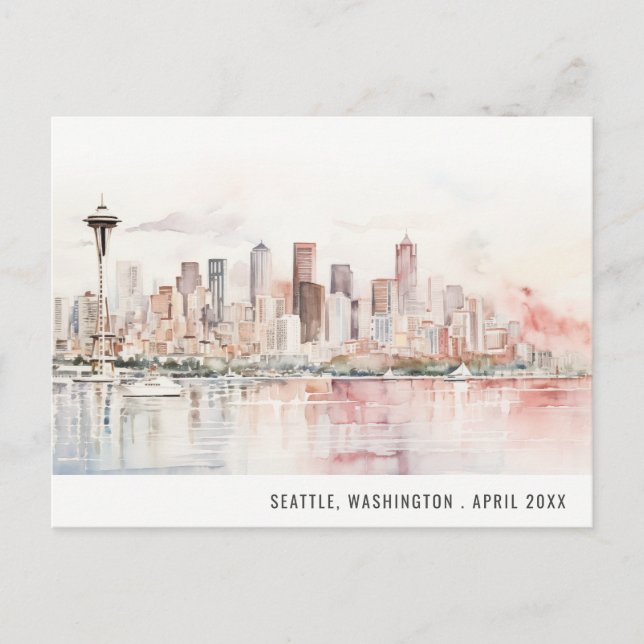 Seattle, Washington Watercolor Landscape Wedding Postcard (Front)