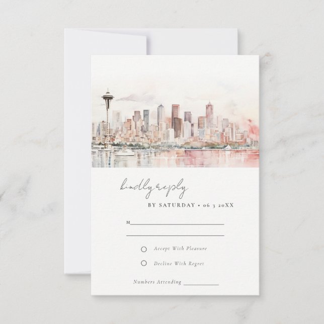 Seattle Washington Watercolor Landscape Wedding RSVP Card (Front)