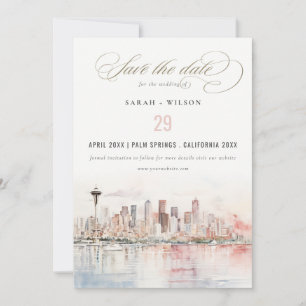 Seattle, Washington Watercolor Landscape Wedding Save The Date