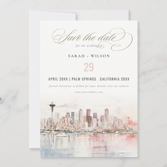 Seattle, Washington Watercolor Landscape Wedding Save The Date (Front)