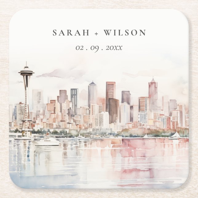 Seattle, Washington Watercolor Landscape Wedding Square Paper Coaster (Front)