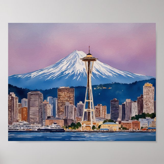 Seattle Washington Watercolor Poster (Front)