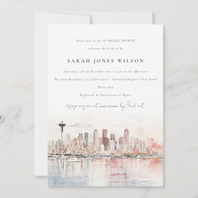 Seattle Washington Watercolor Scape Bridal Shower Invitation (Front)